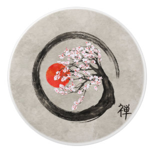 Zen Enso Circle en Sakura Tree op Canvas Keramische Knop