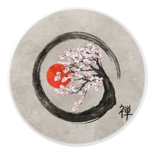 Zen Enso Circle en Sakura Tree op Canvas Keramische Knop (Voorkant)