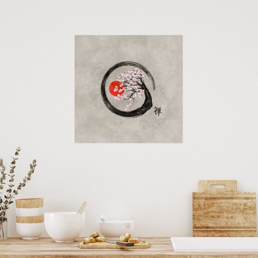 Zen Enso Circle en Sakura Tree op Canvas Poster (Keuken)