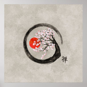 Zen Enso Circle en Sakura Tree op Canvas Poster
