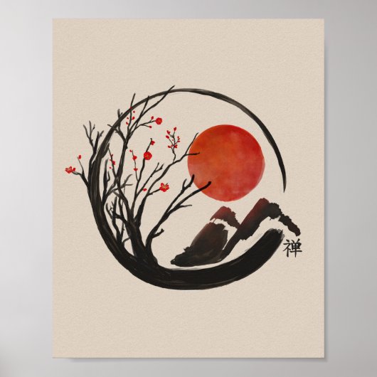Zen Enso Circle en Sakura Tree Poster (Voorkant)