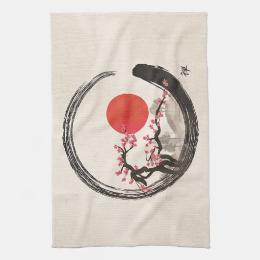 Zen Enso Circle en Sakura Tree Theedoek (Verticaal)