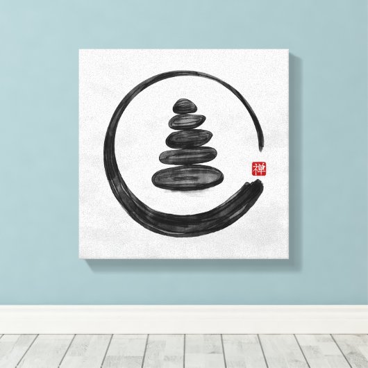 Zen Enso Circle en Zen stenen - Waterverf Canvas Afdruk (Insitu (Houten vloer))