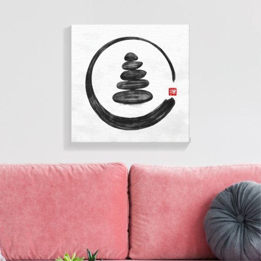 Zen Enso Circle en Zen stenen - Waterverf Canvas Afdruk (Insitu (Woonkamer))