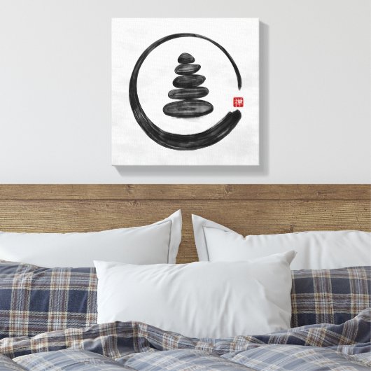 Zen Enso Circle en Zen stenen - Waterverf Canvas Afdruk (Insitu (Slaapkamer))
