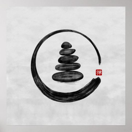 Zen Enso Circle en Zen stenen - Waterverf Poster (Voorkant)