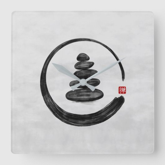 Zen Enso Circle en Zen stenen - Waterverf Vierkante Klok (Voorkant)