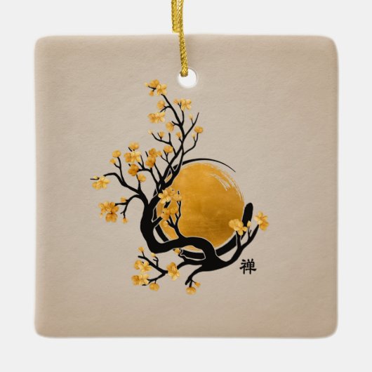 Zen Enso Circle, Golden Sun and Sakura Blossom Keramisch Ornament (Voorkant)