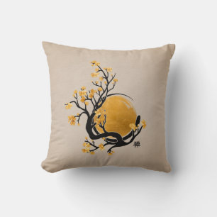 Zen Enso Circle, Golden Sun and Sakura Blossom Kussen