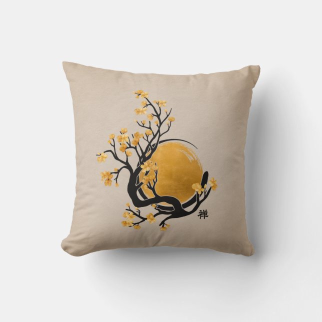 Zen Enso Circle, Golden Sun and Sakura Blossom Kussen (Voorkant)