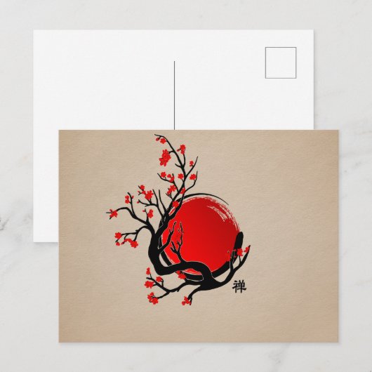Zen Enso Circle, Sun and Red Sakura Blossom Briefkaart (Voorkant / Achterkant)