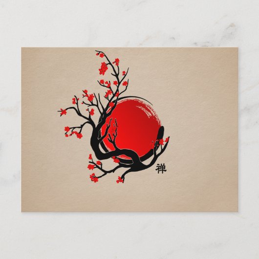 Zen Enso Circle, Sun and Red Sakura Blossom Briefkaart (Voorkant)