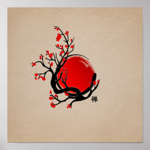 Zen Enso Circle, Sun en Red Sakura Blossom Poster