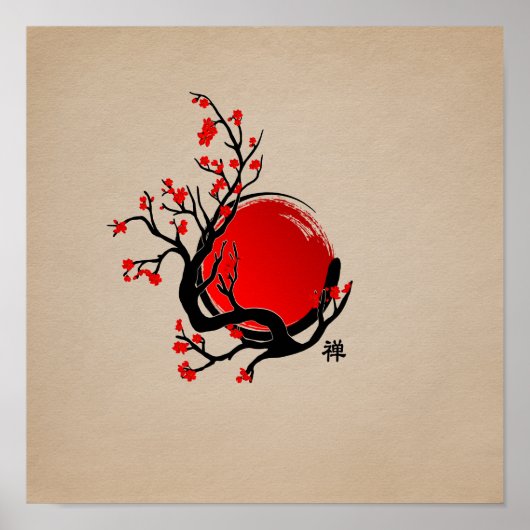 Zen Enso Circle, Sun en Red Sakura Blossom Poster (Voorkant)