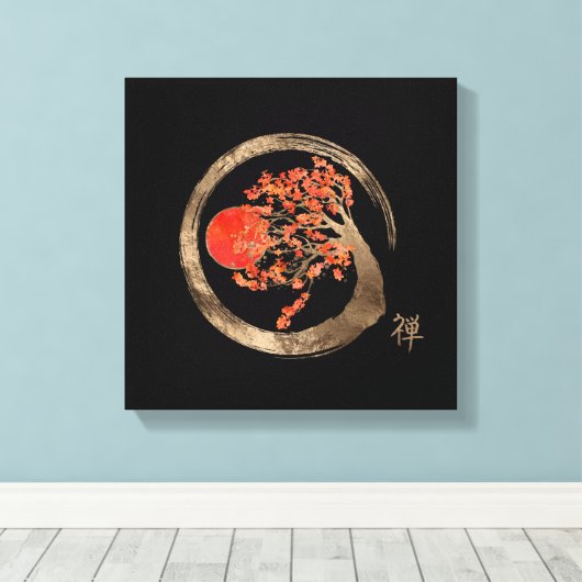 Zen Enso Cirkel en Golden Sakura Tree Canvas Afdruk (Insitu (Houten vloer))
