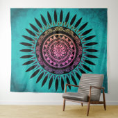 Zen Flower Mandala Blue & Pink Wandkleed (In Situ (horizontaal))