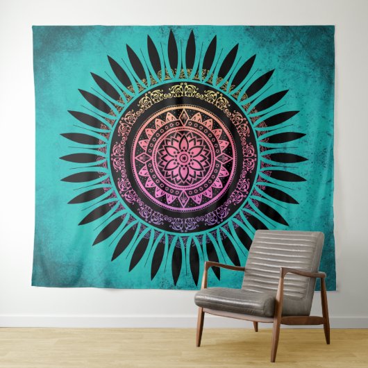 Zen Flower Mandala Blue & Pink Wandkleed (In Situ (horizontaal))