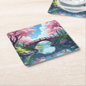 Zen Garden Bridge Cherry Blossom Reflectie Kartonnen Onderzetters (Schuin)