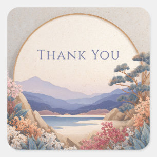 Zen Indigo Berg Cirkel Gouden Frame Perzik Bloemmo Vierkante Sticker