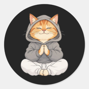 Zen Kat in Hoody – Schattige Mediterende Cartoon K Ronde Sticker