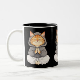 Zen Kat in Hoody – Schattige Mediterende Cartoon K Tweekleurige Koffiemok