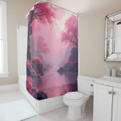 Zen landschap in flamingo roze douchegordijn (In situ)