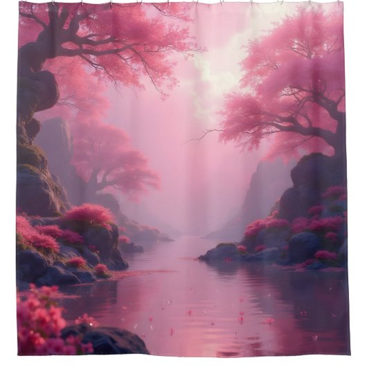 Zen landschap in flamingo roze douchegordijn (Voorkant)