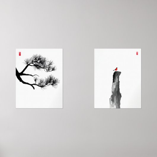 Zen Minimalistische Ink Art Set — Pine & Lone Bird (Voorkant)