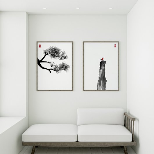 Zen Minimalistische Ink Art Set — Pine & Lone Bird