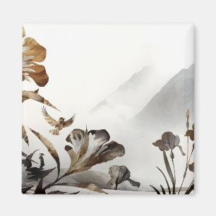 Zen Mistige Berg Vogels Minimalistische Natuur Magneet