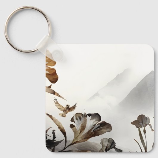Zen Mistige Berg Vogels Minimalistische Natuur Sleutelhanger (Voorkant)