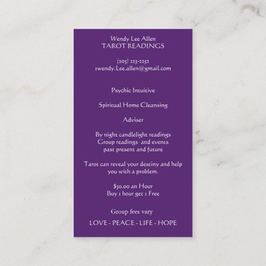 Zen Mystical Tarot Spirtual Visitekaartje (Achterkant)