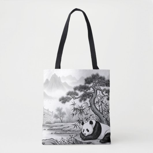 Zen Panda Pagode Traditionele Inktwastechniek AOP Tote Bag (Voorkant)