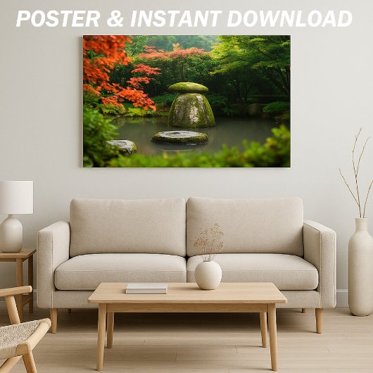 Zen Pond Garden met water en rode esdoorn Poster