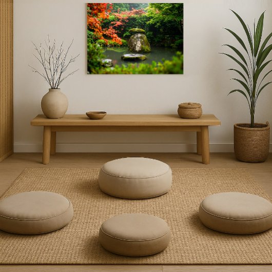 Zen Pond Garden met water en rode esdoorn Poster