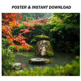 Zen Pond Garden met water en rode esdoorn Poster