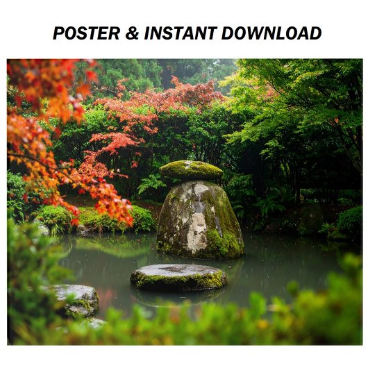 Zen Pond Garden met water en rode esdoorn Poster