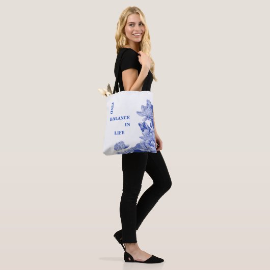 Zen Quote Blue & White Lotus Flower Mandala Tote Bag (Op model)