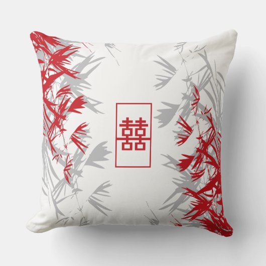 Zen Red Grey Bamboo laat een modern dubbel geluk Kussen (Voorkant)