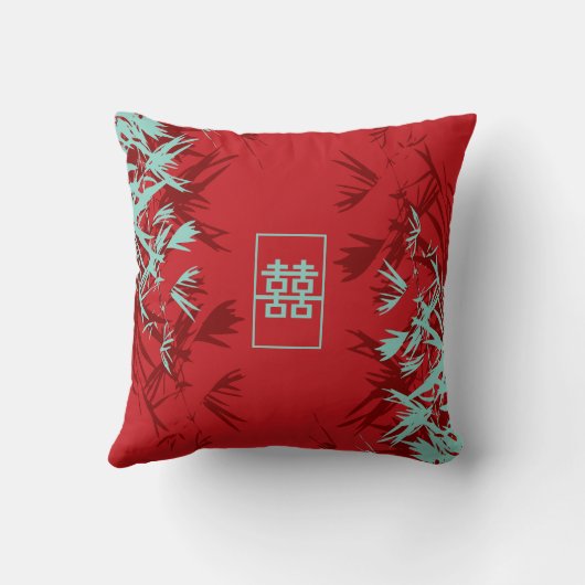Zen Red Turquoise Bamboo laat dubbel geluk Kussen (Achterkant)