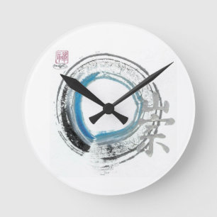 Zen Reverence, Enso[blauwe, zwarte, zilveren tinte Ronde Klok