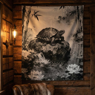 Zen Schildpad Wandtapijt Lotusvijver Inktkunst Wandkleed