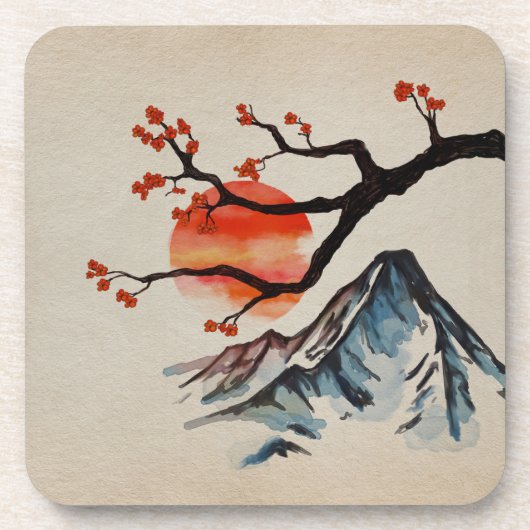 Zen Serenity Landscape - Sakura Mountain Sunset Bier Onderzetter (Voorkant)