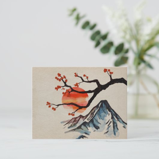 Zen Serenity Landscape - Sakura Mountain Sunset Briefkaart (Staand voorkant)