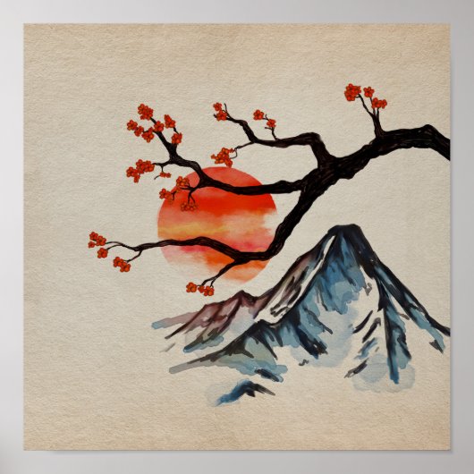 Zen Serenity Landscape - Sakura Mountain Sunset Poster (Voorkant)
