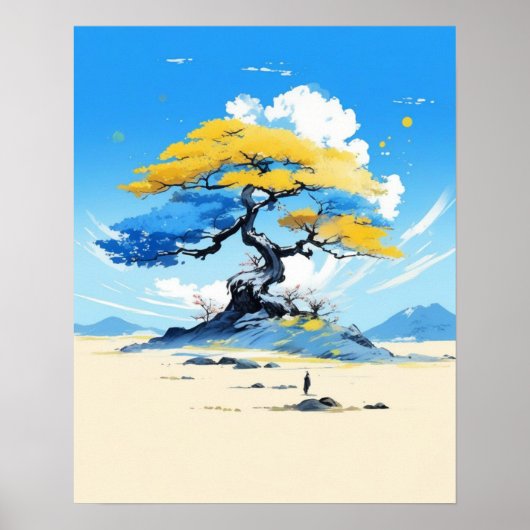 Zen Solitude: Minimalist Golden Tree Poster (Voorkant)