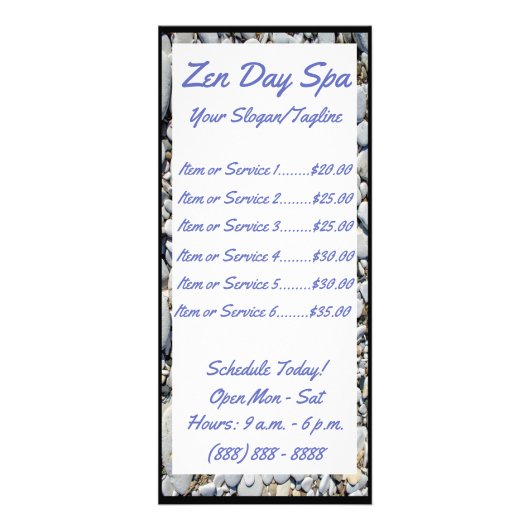 Zen Spa Resort-rackkaart en prijslijst Reclamekaart (Voorkant)