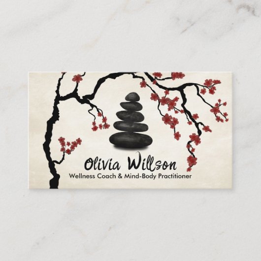 Zen stenen Sakura Tree Red Blossom Visitekaartje (Voorkant)