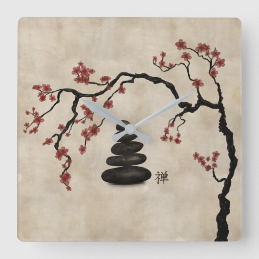 Zen stenen Sakura Tree Vierkante Klok (Voorkant)