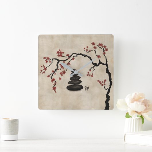 Zen stenen Sakura Tree Vierkante Klok (Huis)
